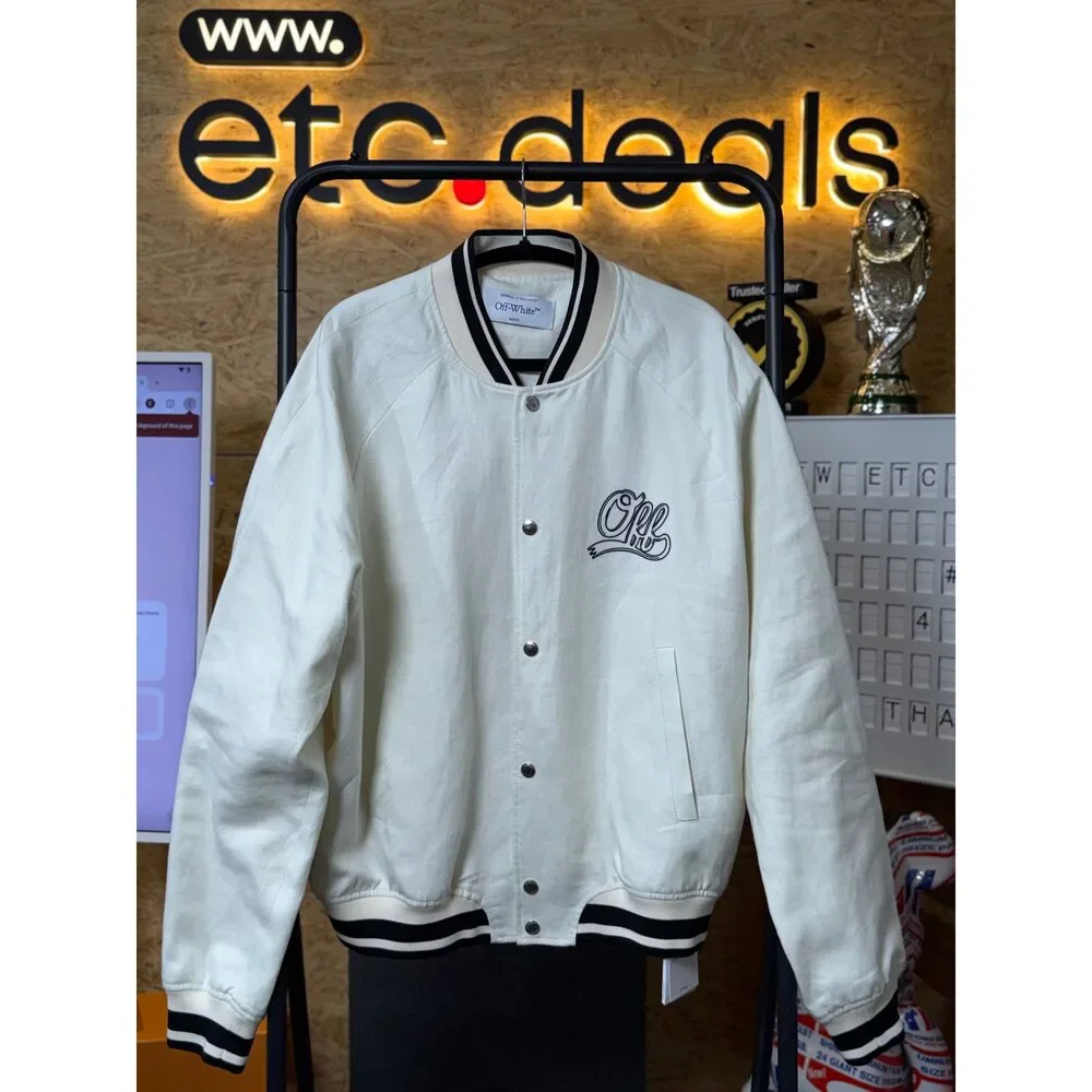 Off-White Souvenir Logo Embroidered Linen Varsity Jacket 52 – White / Black